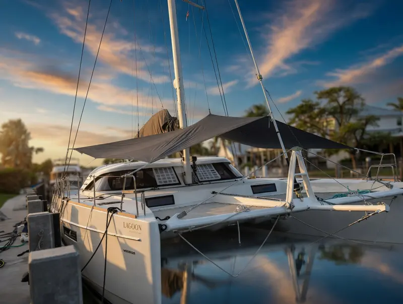 Shade sail over the deck of a catamaran.