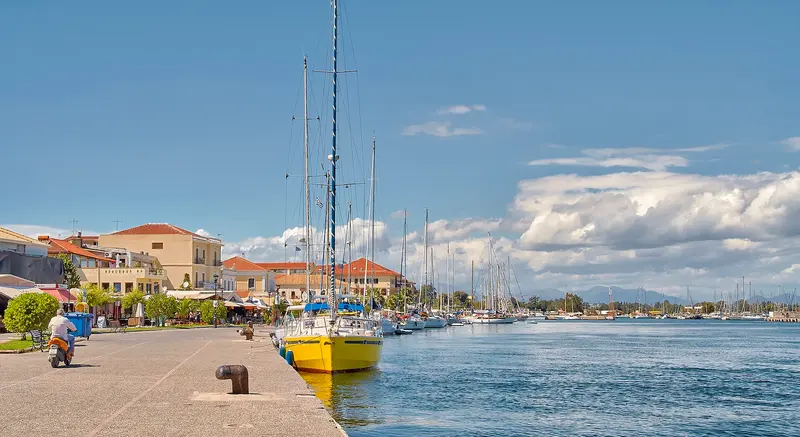 Yachts along the quay at Preveza, across the channel from Aktio Marina.