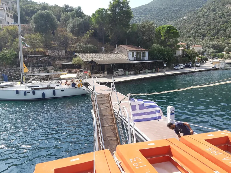 A pontoon and a yacht at Sivota, Lefkada.