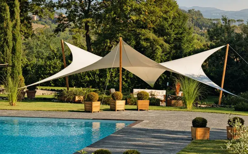 Shade sails over a terrace beside a pool.