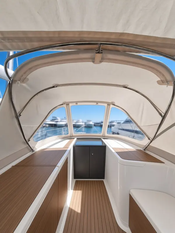 A canvas cockpit enclosure with clear windows, looking aft.