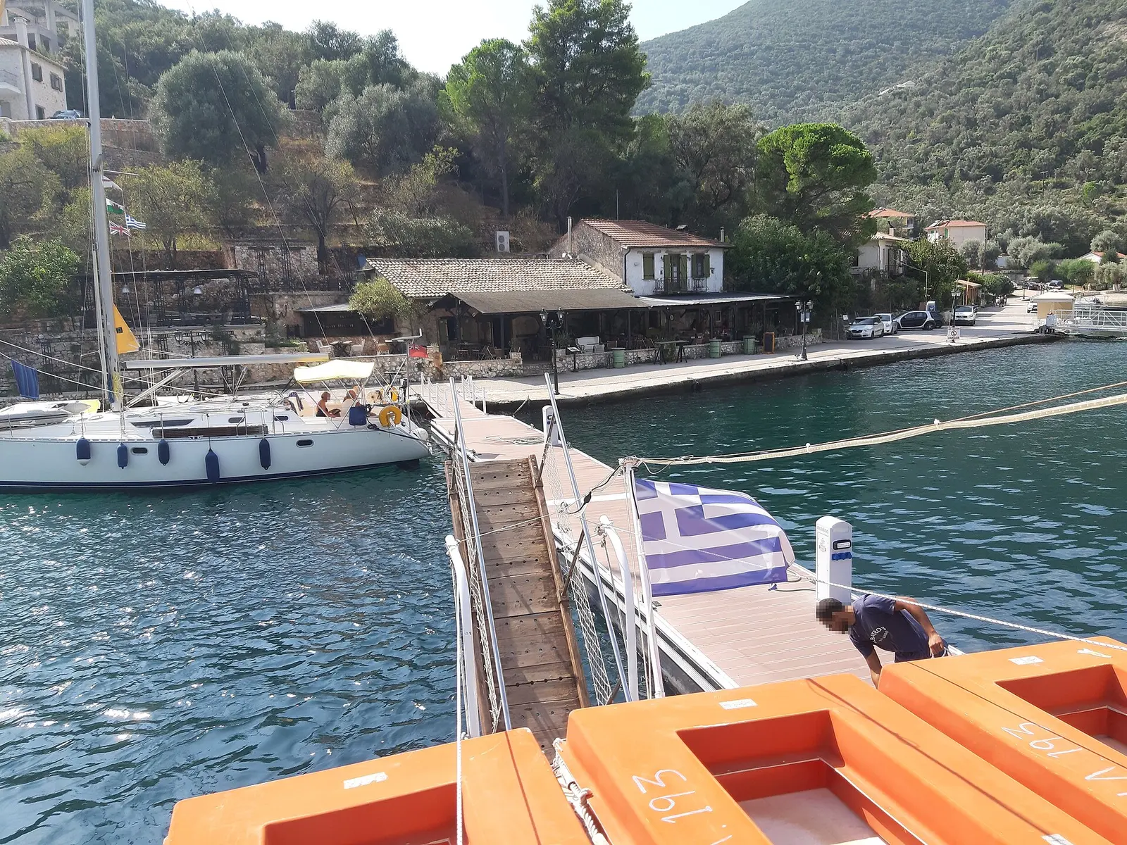 A pontoon and a yacht at Sivota, Lefkada.