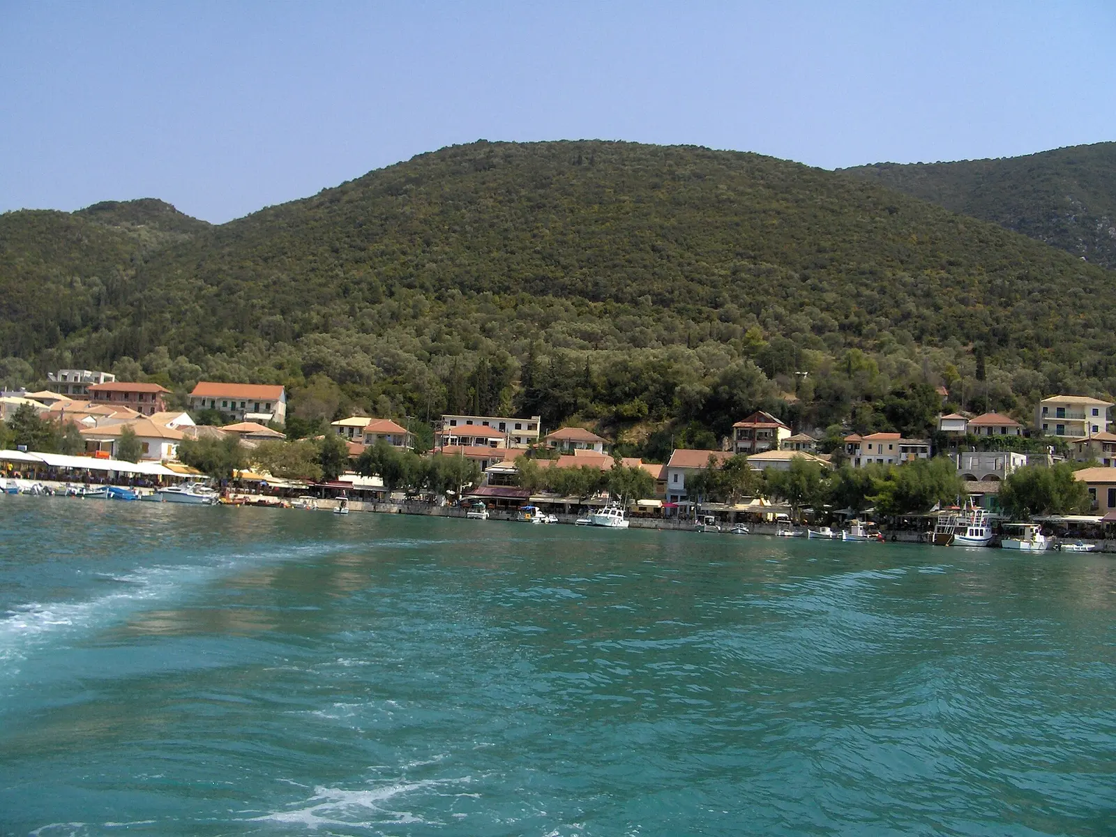 Boats along the quay at Vasiliki, Lefkada.