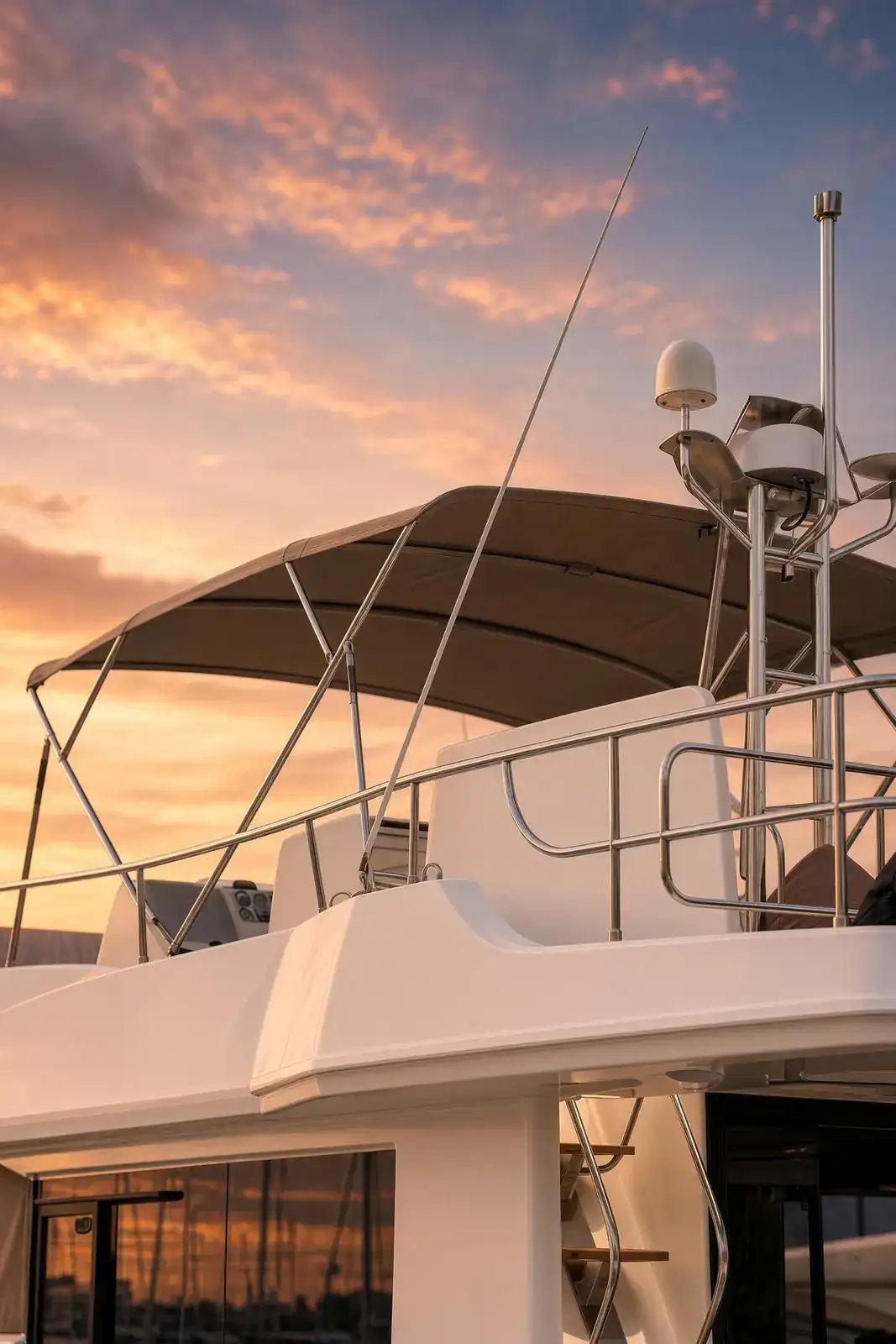 A canvas bimini over the flybridge of a motor yacht.